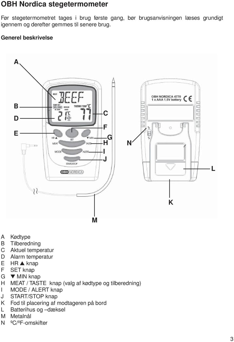 Generel beskrivelse A B D E C F G H I J N L K M A Kødtype B Tilberedning C Aktuel temperatur D Alarm temperatur E HR knap