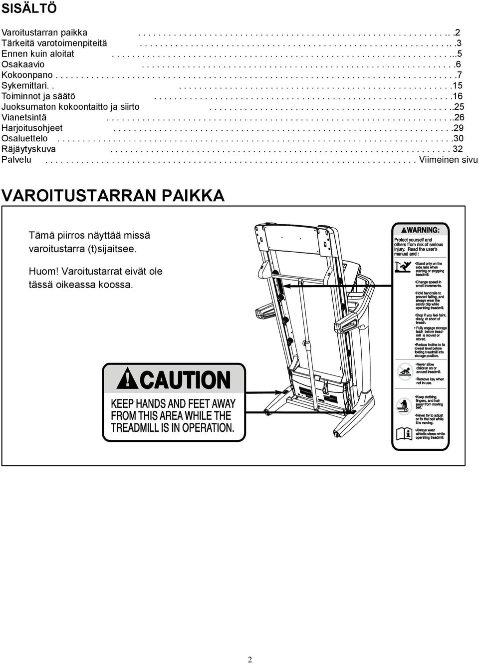.......................................................15 Toiminnot ja säätö...........................................................16 Juoksumaton kokoontaitto ja siirto.................................................25 Vianetsintä.