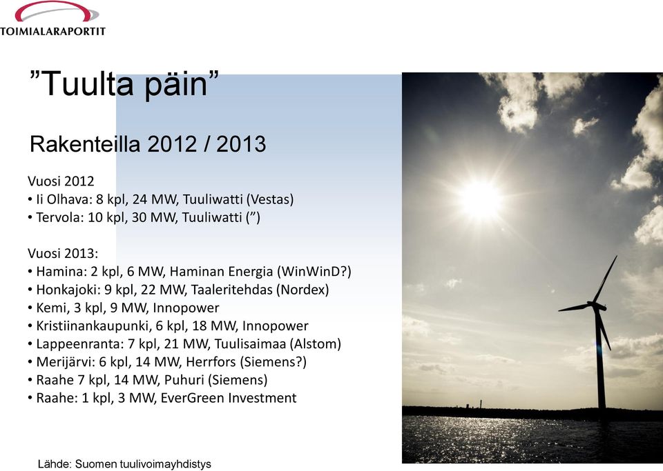 ) Honkajoki: 9 kpl, 22 MW, Taaleritehdas (Nordex) Kemi, 3 kpl, 9 MW, Innopower Kristiinankaupunki, 6 kpl, 18 MW, Innopower