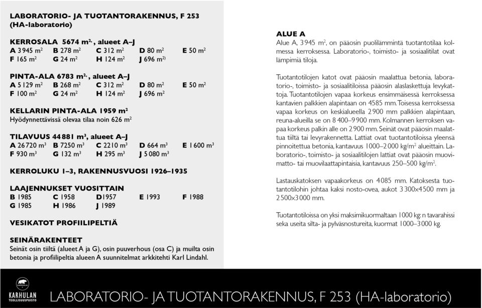 A J A 26 720 m 3 B 7250 m 3 C 2210 m 3 D 664 m 3 E 1 600 m 3 F 930 m 3 G 132 m 3 H 295 m 3 J 5 080 m 3 KERROLUKU 1 3, RAKENNUSVUOSI 1926 1935 LAAJENNUKSET VUOSITTAIN B 1985 C 1958 D1957 E 1993 F 1988