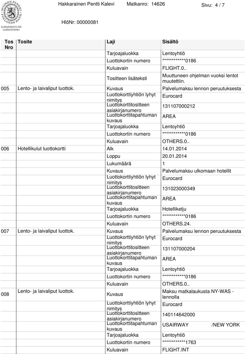 2014 Palvelumaksu ulkomaan hotellit Luottokorttitositteen 131023000349 007 Lento- ja laivaliput luottok.