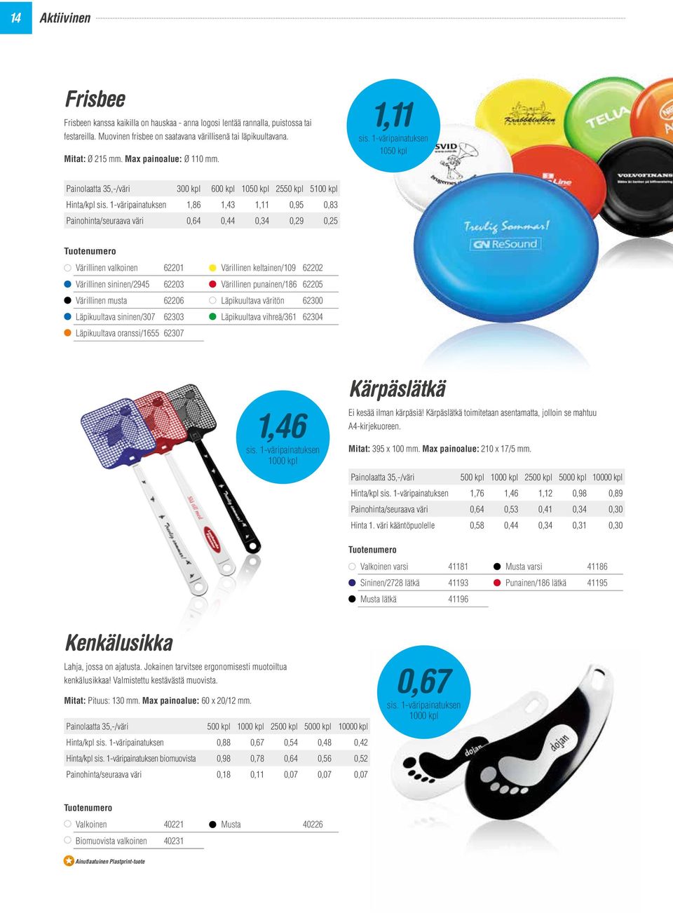 1,11 1050 kpl Painolaatta 35,-/väri 300 kpl 600 kpl 1050 kpl 2550 kpl 5100 kpl Hinta/kpl 1,86 1,43 1,11 0,95 0,83 Painohinta/seuraava väri 0,64 0,44 0,34 0,29 0,25 Värillinen valkoinen 62201