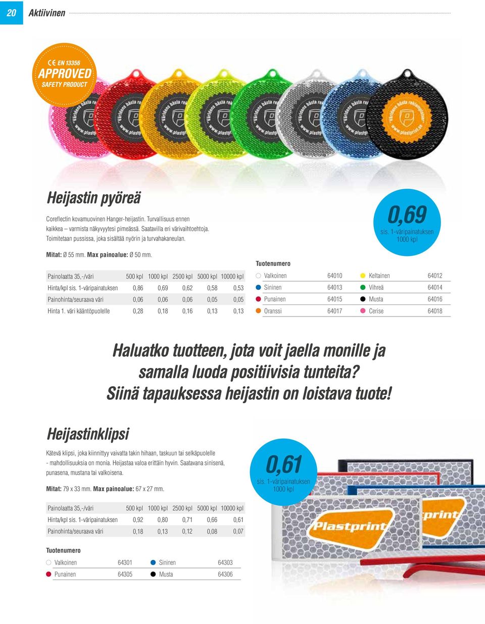 Painolaatta 35,-/väri 500 kpl 2500 kpl 5000 kpl 10000 kpl Hinta/kpl 0,86 0,69 0,62 0,58 0,53 Painohinta/seuraava väri 0,06 0,06 0,06 0,05 0,05 Hinta 1.