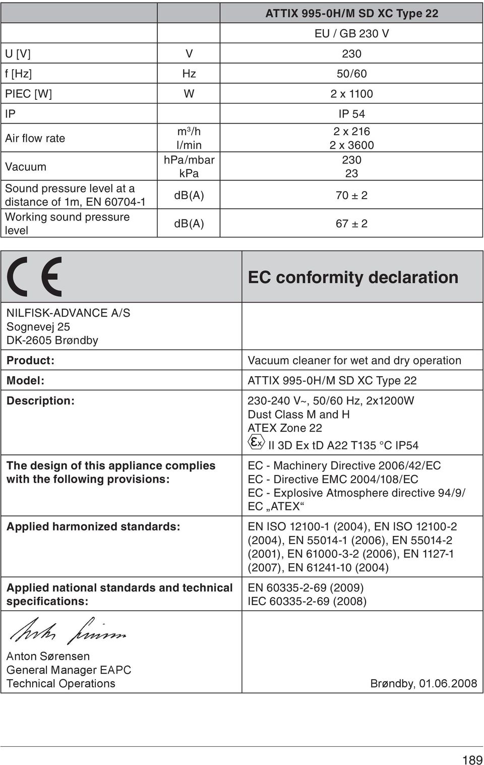 XC Type Description: The design of this appliance complies with the following provisions: 0-40 V~, 50/60 Hz, x100w Dust Class M and H ATEX Zone II D Ex td A T15 C IP54 EC - Machinery Directive