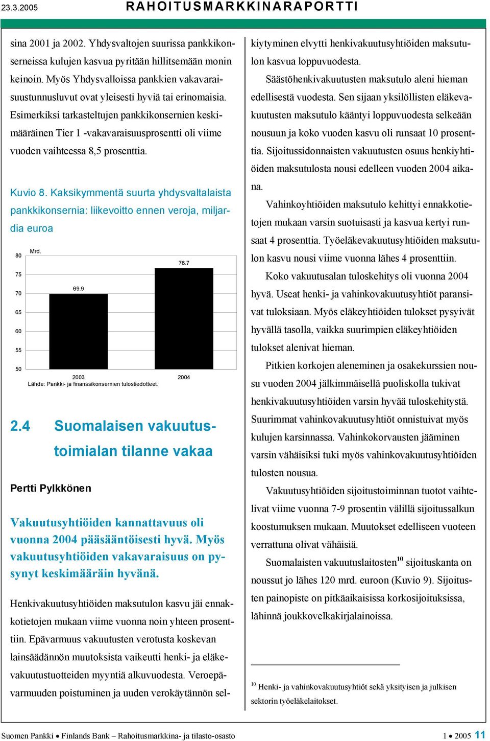 Esimerkiksi tarkasteltujen pankkikonsernien keskimääräinen Tier 1 -vakavaraisuusprosentti oli viime vuoden vaihteessa 8,5 prosenttia. Kuvio 8.