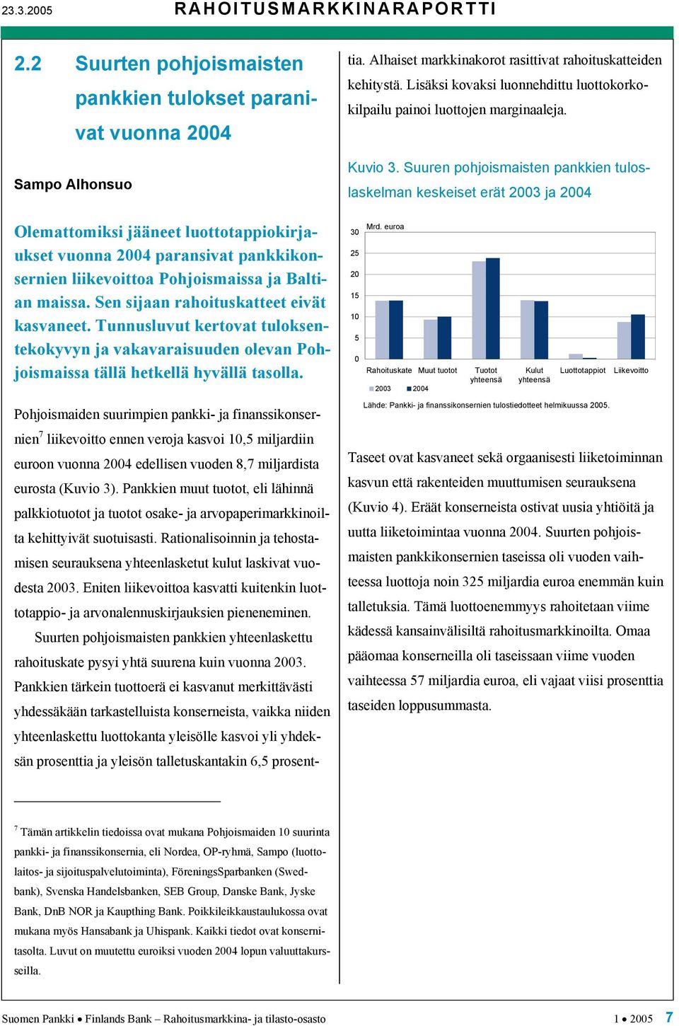 Suuren pohjoismaisten pankkien tuloslaskelman keskeiset erät 2003 ja 2004 Olemattomiksi jääneet luottotappiokirjaukset vuonna 2004 paransivat pankkikonsernien liikevoittoa Pohjoismaissa ja Baltian