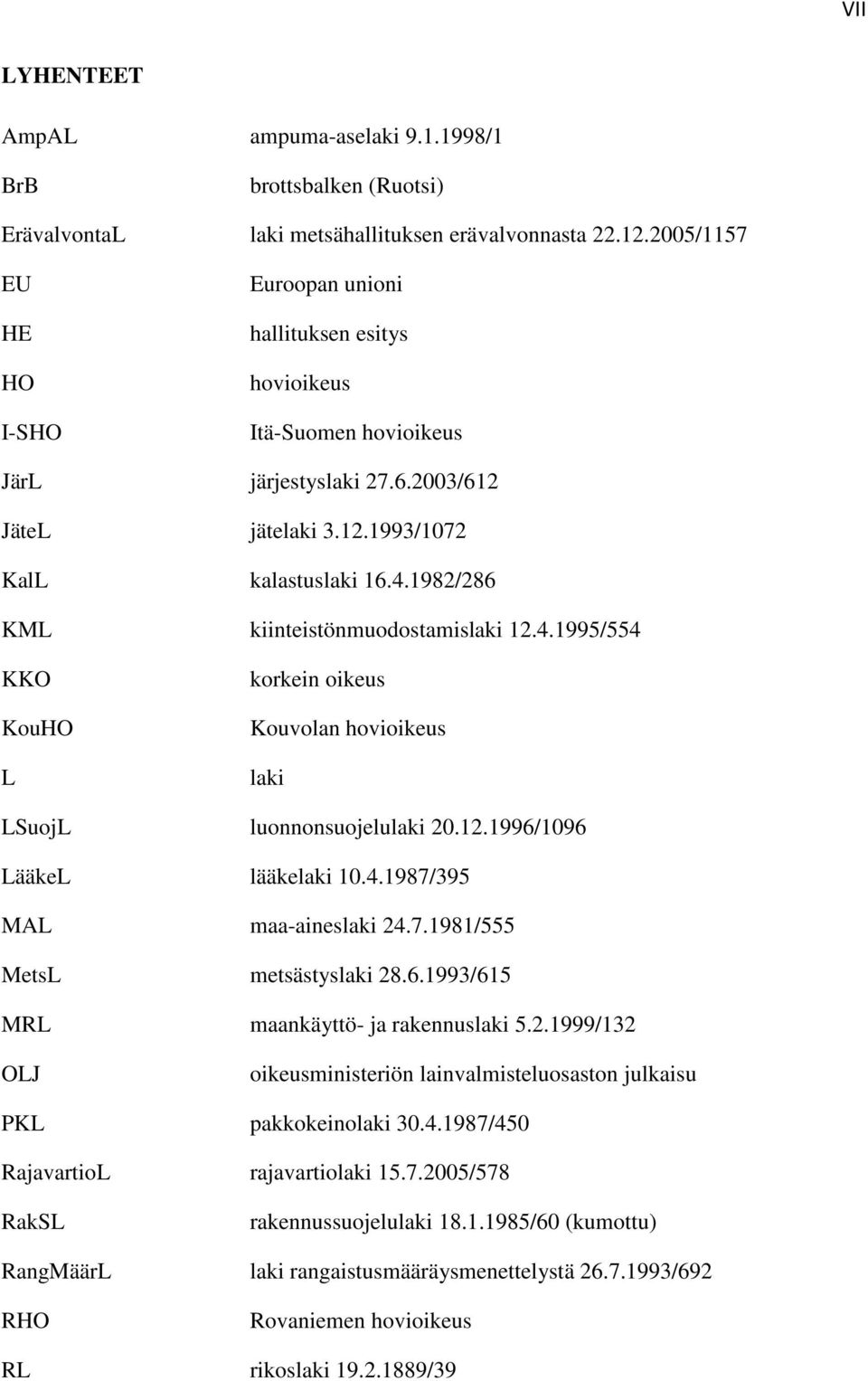 1982/286 KML kiinteistönmuodostamislaki 12.4.1995/554 KKO KouHO L korkein oikeus Kouvolan hovioikeus laki LSuojL luonnonsuojelulaki 20.12.1996/1096 LääkeL lääkelaki 10.4.1987/395 MAL maa-aineslaki 24.