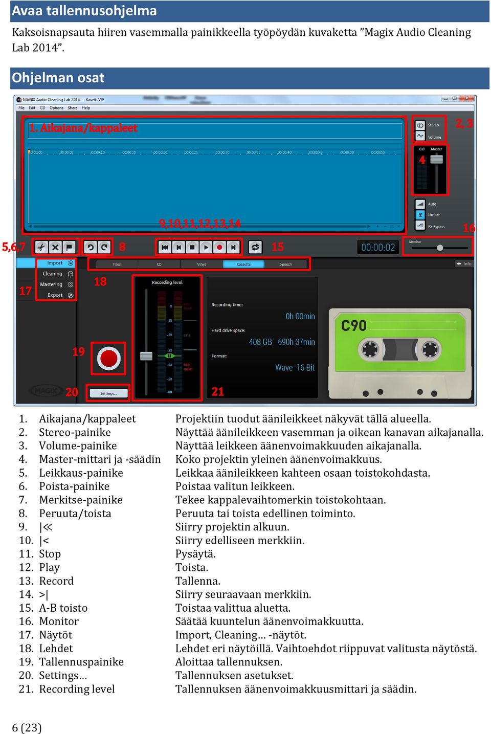 Volume-painike Näyttää leikkeen äänenvoimakkuuden aikajanalla. 4. Master-mittari ja -säädin Koko projektin yleinen äänenvoimakkuus. 5.