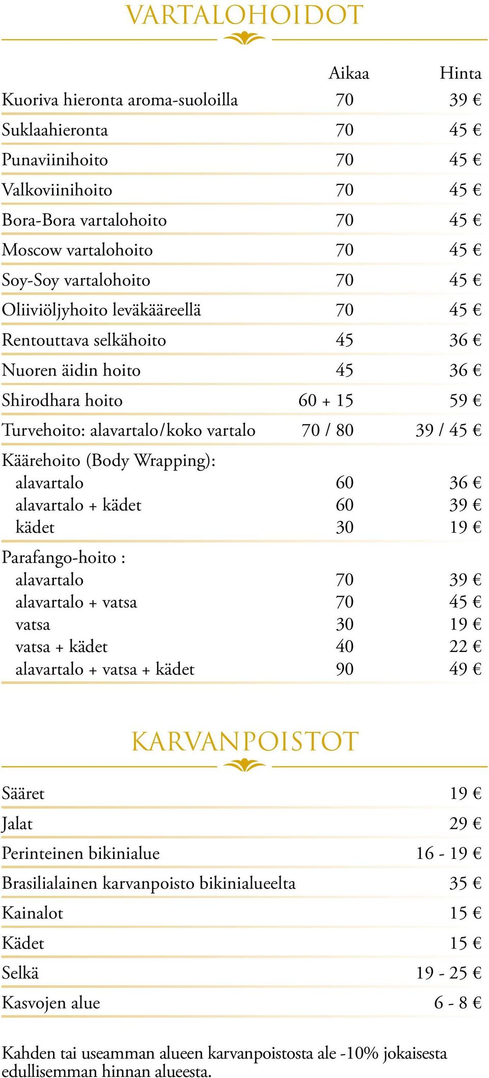 (Body Wrapping): alavartalo alavartalo + kädet kädet Parafango-hoito : alavartalo alavartalo + vatsa vatsa vatsa + kädet alavartalo + vatsa + kädet 60 60 30 70 70 30 40 90 36 39 19 39 45 19 22 49