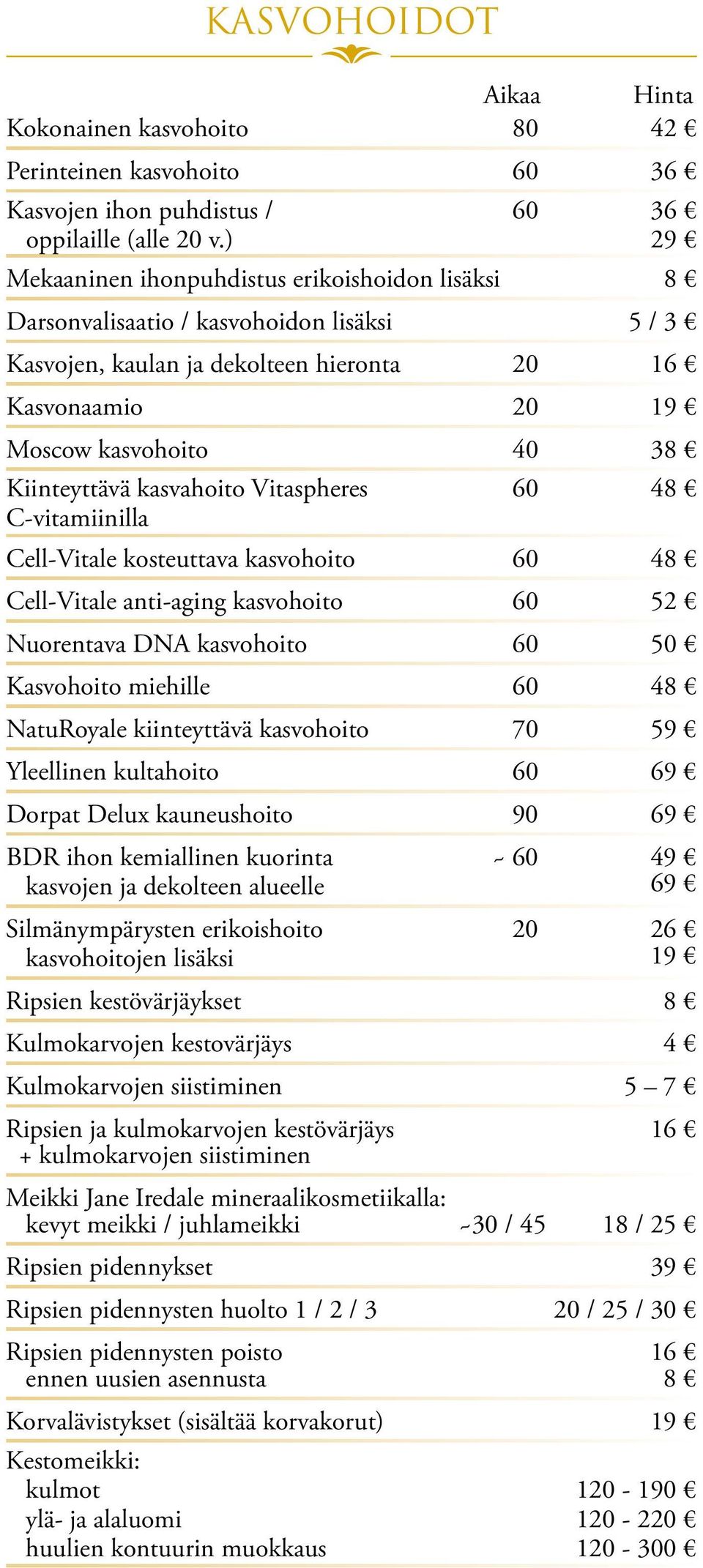 Kiinteyttävä kasvahoito Vitaspheres C-vitamiinilla 60 48 Cell-Vitale kosteuttava kasvohoito 60 48 Cell-Vitale anti-aging kasvohoito 60 52 Nuorentava DNA kasvohoito 60 50 Kasvohoito miehille 60 48
