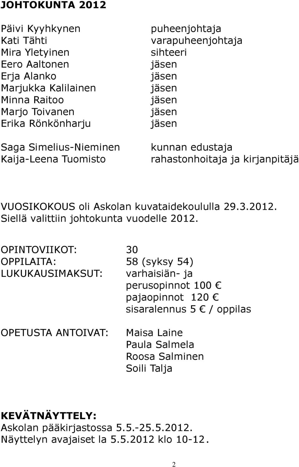 29.3.2012. Siellä valittiin johtokunta vuodelle 2012.