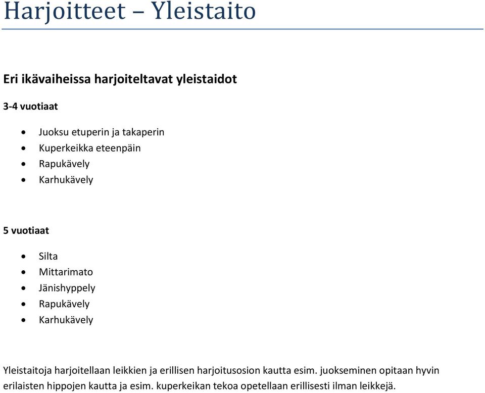 Rapukävely Karhukävely Yleistaitoja harjoitellaan leikkien ja erillisen harjoitusosion kautta esim.