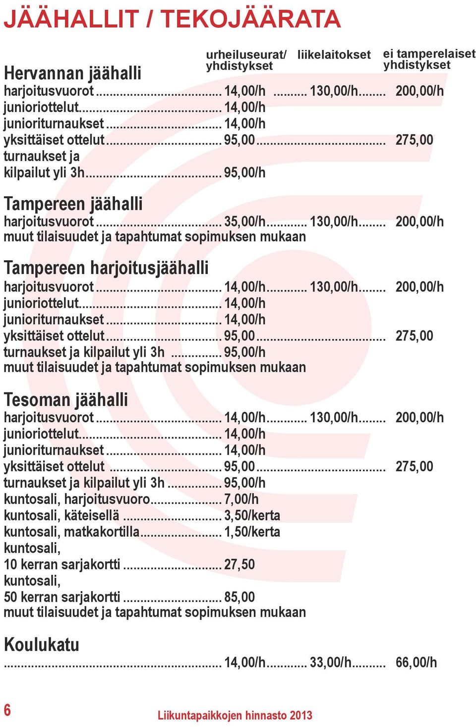 .. 200,00/h muut tilaisuudet ja tapahtumat sopimuksen mukaan Tampereen harjoitusjäähalli harjoitusvuorot... 14,00/h... 130,00/h... 200,00/h junioriottelut... 14,00/h junioriturnaukset.