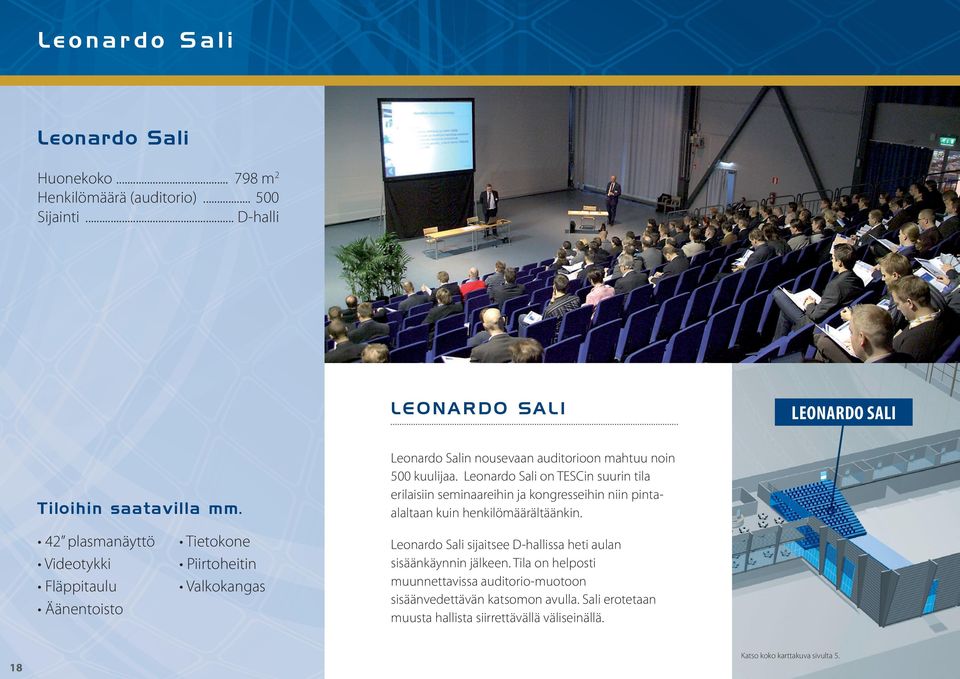 Leonardo Sali on TESCin suurin tila erilaisiin seminaareihin ja kongresseihin niin pintaalaltaan kuin henkilömäärältäänkin.