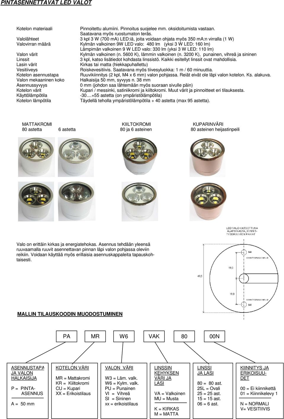 330 lm (yksi 3 W LED: 110 lm) Valon värit Kylmän valkoinen (n. 5600 K), lämmin valkoinen (n. 3200 K), punainen, vihreä ja sininen Linssit 3 kpl, katso lisätiedot kohdasta linssistö.