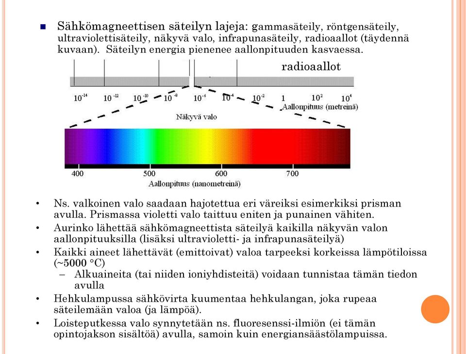 Aurinko lähettää sähkömagneettista säteilyä kaikilla näkyvän valon aallonpituuksilla (lisäksi ultravioletti- ja infrapunasäteilyä) Kaikki aineet lähettävät (emittoivat) valoa tarpeeksi korkeissa