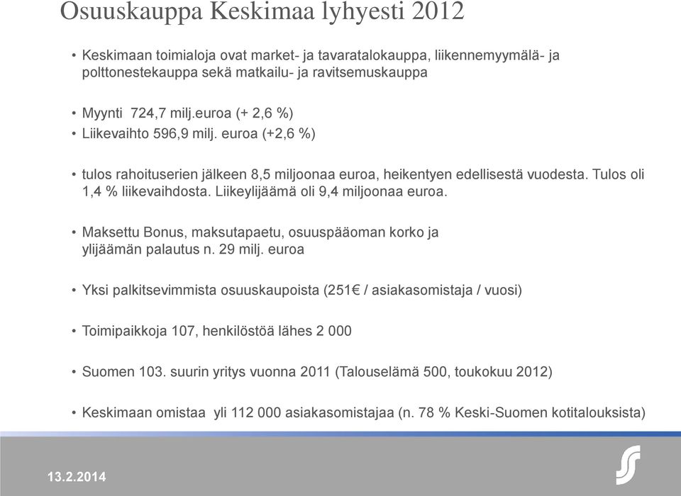 Liikeylijäämä oli 9,4 miljoonaa euroa. Maksettu Bonus, maksutapaetu, osuuspääoman korko ja ylijäämän palautus n. 29 milj.