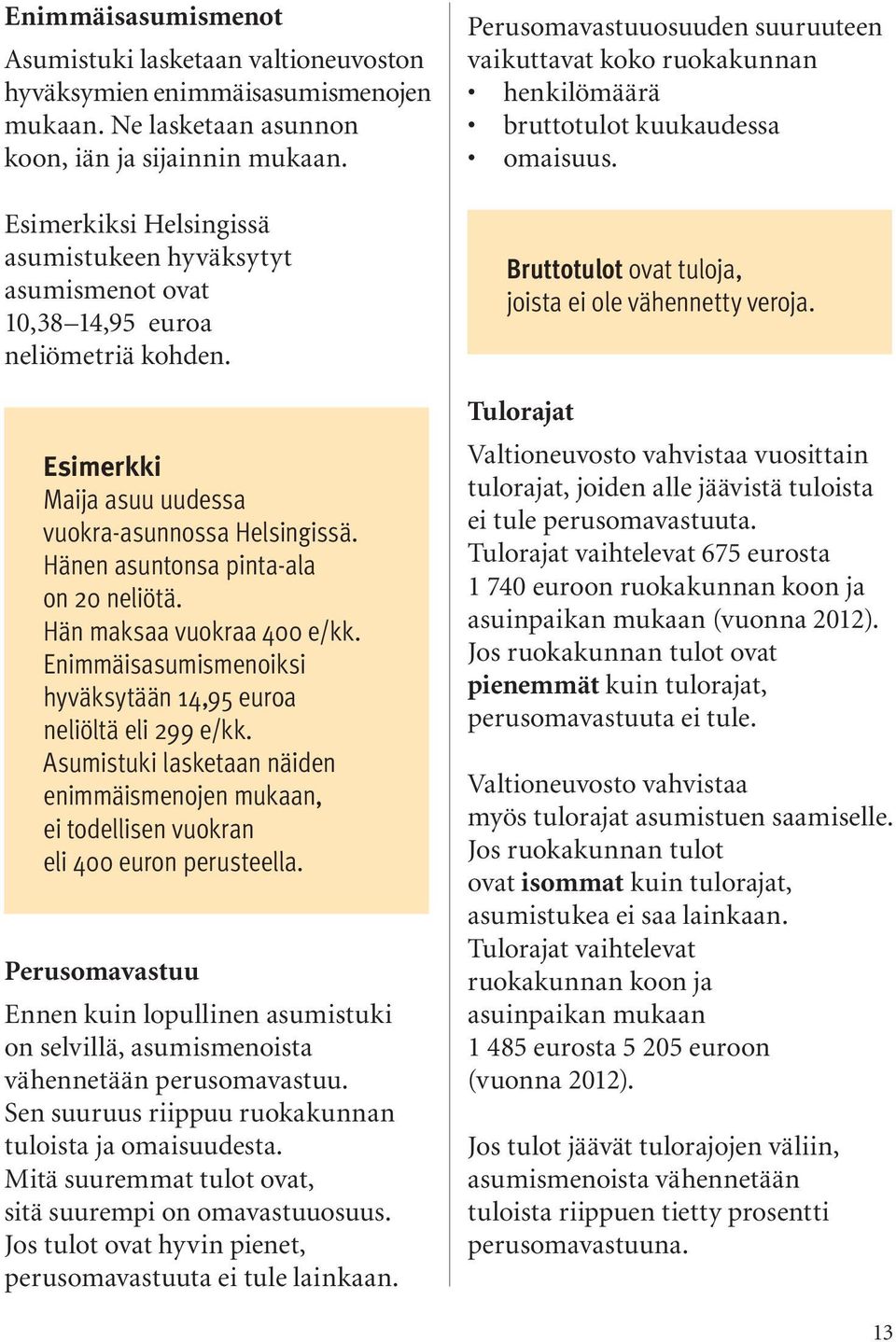 Hänen asuntonsa pinta-ala on 20 neliötä. Hän maksaa vuokraa 400 e/kk. Enimmäisasumismenoiksi hyväksytään 14,95 euroa neliöltä eli 299 e/kk.