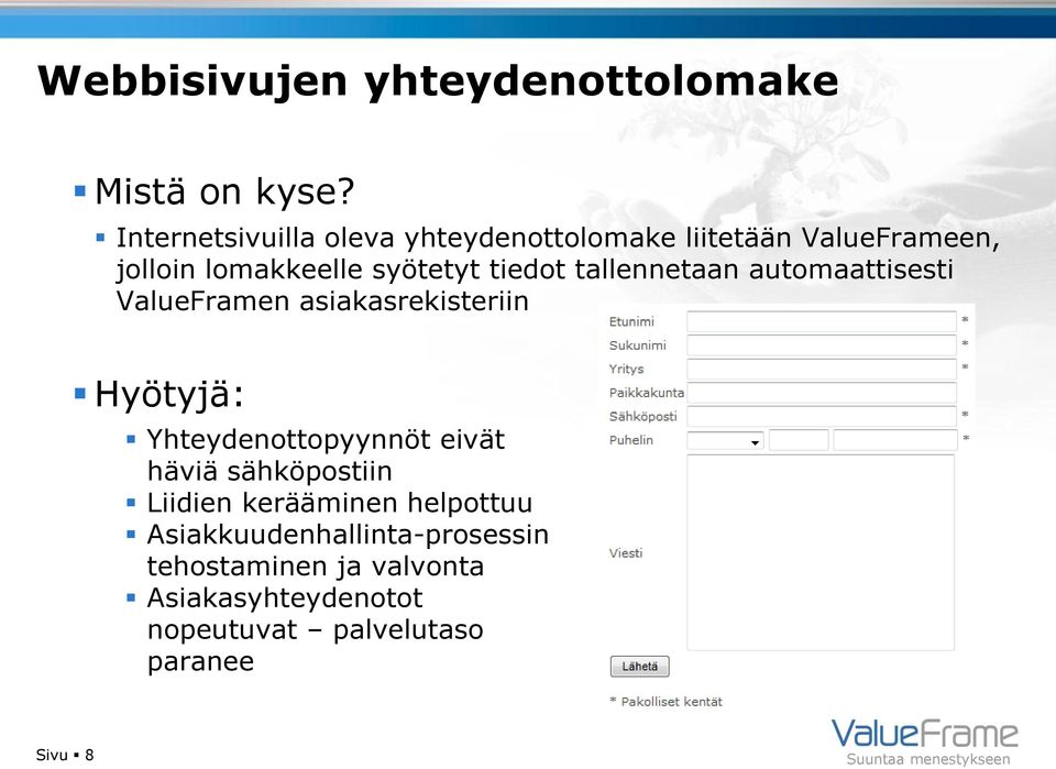 tiedot tallennetaan automaattisesti ValueFramen asiakasrekisteriin Hyötyjä: Yhteydenottopyynnöt