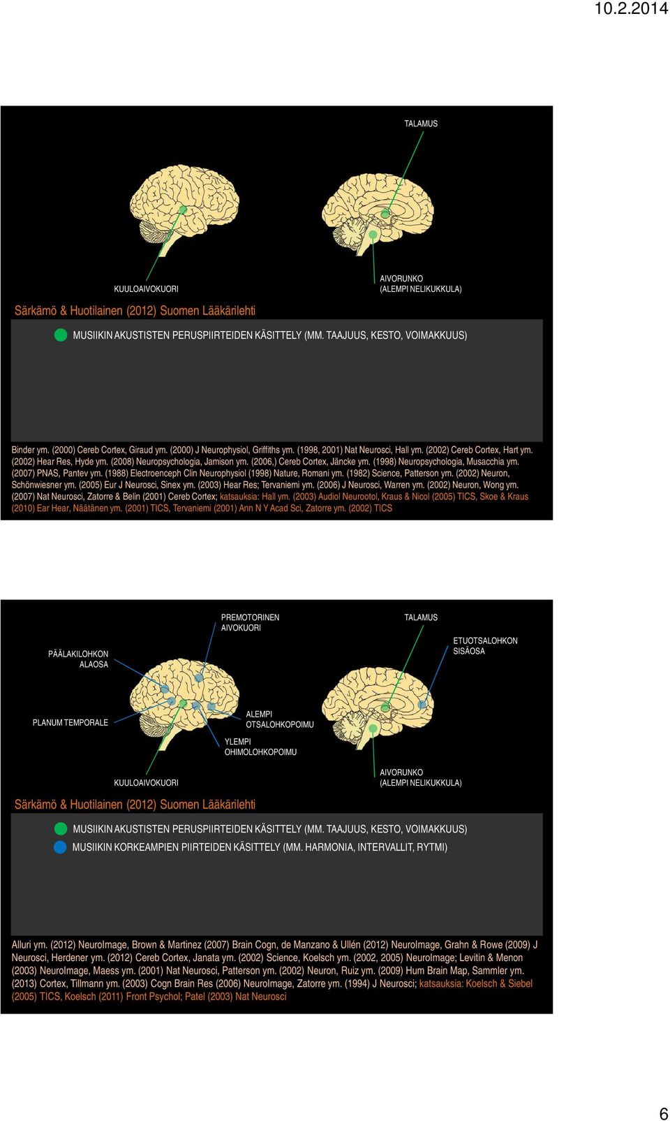 (2006,) Cereb Cortex, Jäncke ym. (1998) Neuropsychologia, Musacchia ym. (2007) PNAS, Pantev ym. (1988) Electroenceph Clin Neurophysiol (1998) Nature, Romani ym. (1982) Science, Patterson ym.