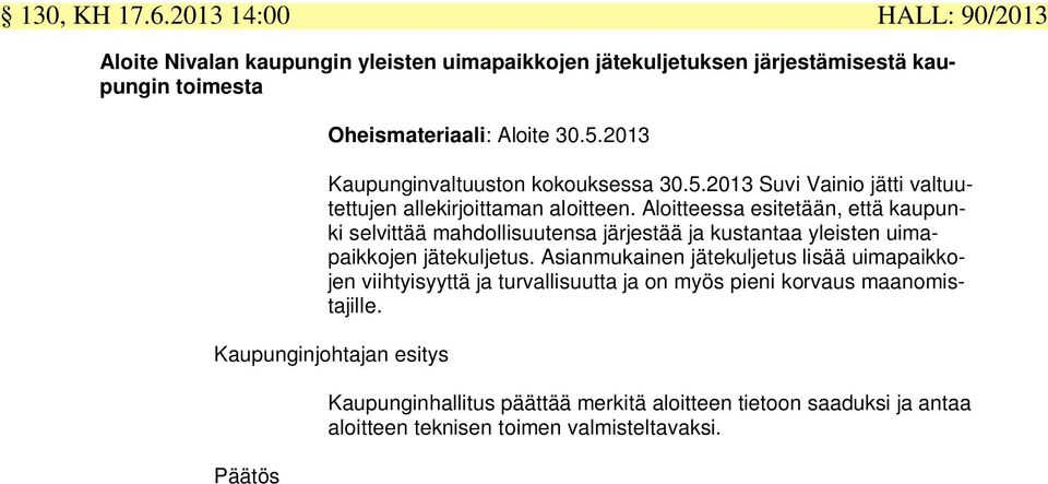 2013 Kaupunginvaltuuston kokouksessa 30.5.2013 Suvi Vainio jätti valtuutettujen allekirjoittaman aloitteen.