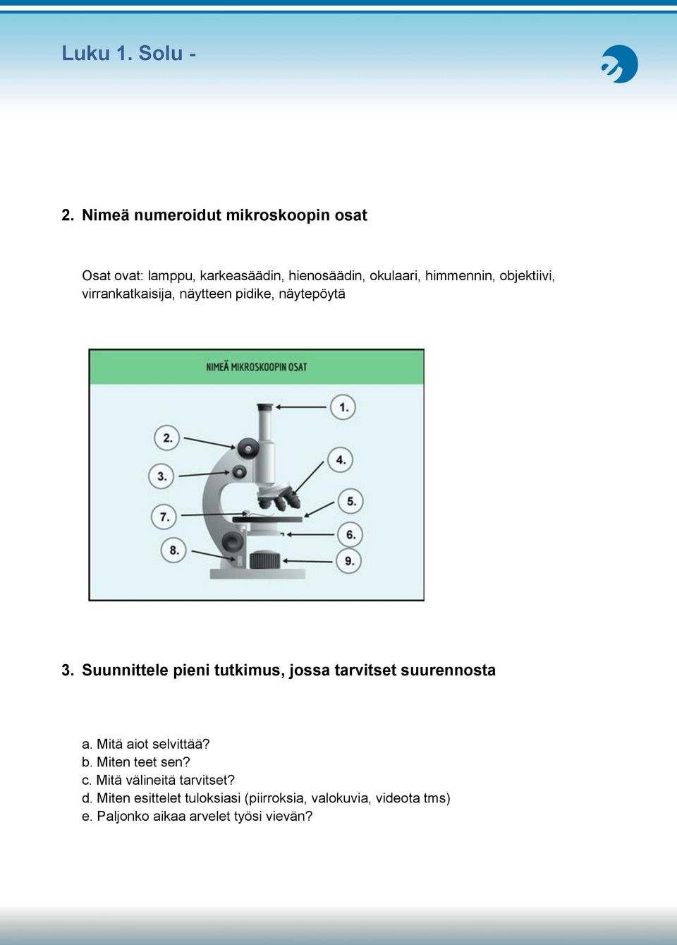 Suunnittele pieni tutkimus, jossa tarvitset suurennosta a. Mitä aiot selvittää? b. Miten teet sen?