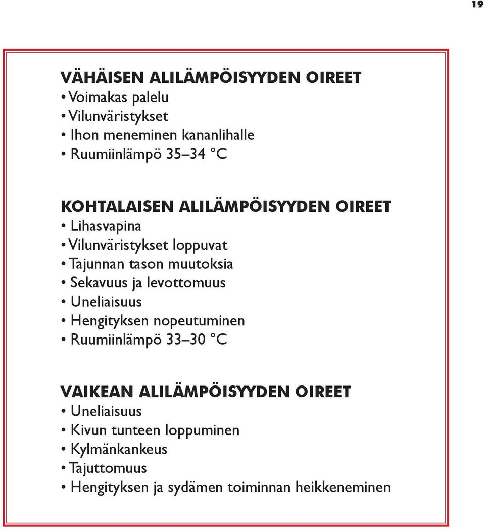 Sekavuus ja levottomuus Uneliaisuus Hengityksen nopeutuminen Ruumiinlämpö 33 30 C VAIKEAN ALILÄMPÖISYYDEN