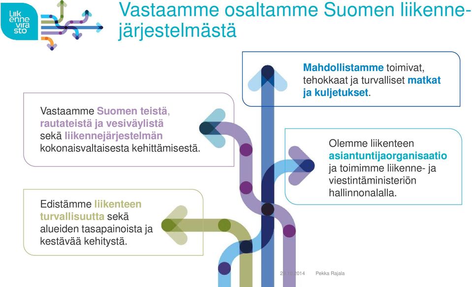 Edistämme liikenteen turvallisuutta sekä alueiden tasapainoista ja kestävää kehitystä.