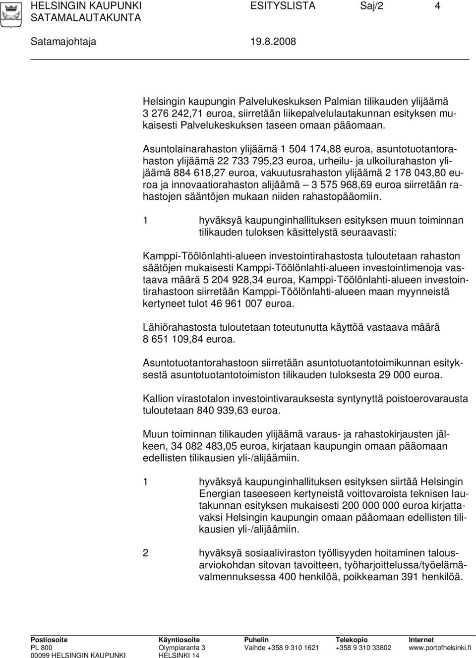 Asuntolainarahaston ylijäämä 1 504 174,88 euroa, asuntotuotantorahaston ylijäämä 22 733 795,23 euroa, urheilu- ja ulkoilurahaston ylijäämä 884 618,27 euroa, vakuutusrahaston ylijäämä 2 178 043,80