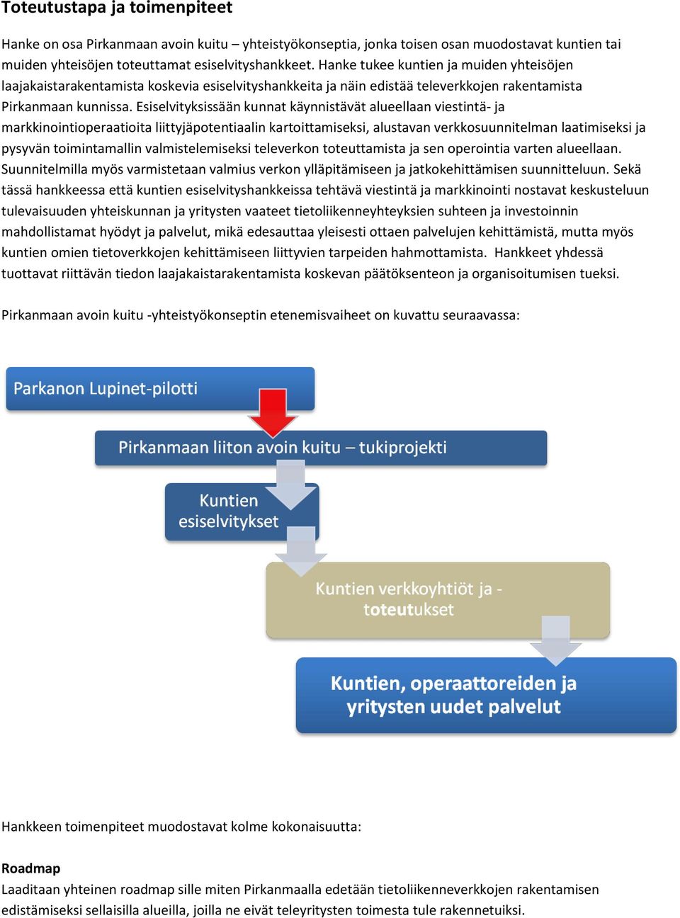 Esiselvityksissään kunnat käynnistävät alueellaan viestintä- ja markkinointioperaatioita liittyjäpotentiaalin kartoittamiseksi, alustavan verkkosuunnitelman laatimiseksi ja pysyvän toimintamallin