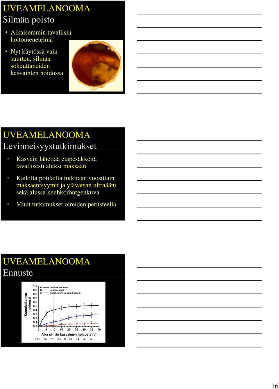 alussa keuhkoröntgenkuva Muut tutkimukset oireiden perusteella Ennuste Kumulatiivinen insidenssi 1.0 A: uveamelanooma 0.9 0.
