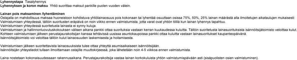 ilmoitetujen aikataulujen mukaisesti: Valmistumisen yhteydessä, tällöin suoritusten eräpäivä on noin viikko ennen valmistumista, jotta varat ovat yhtiön tilillä kun lainan lyhennys tapahtuu.