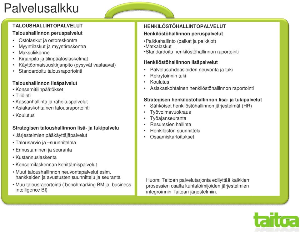 talousraportointi Koulutus Strategisen taloushallinnon lisä- ja tukipalvelu Järjestelmien pääkäyttäjäpalvelut Talousarvio ja suunnitelma Ennustaminen ja seuranta Kustannuslaskenta Konsernilaskennan