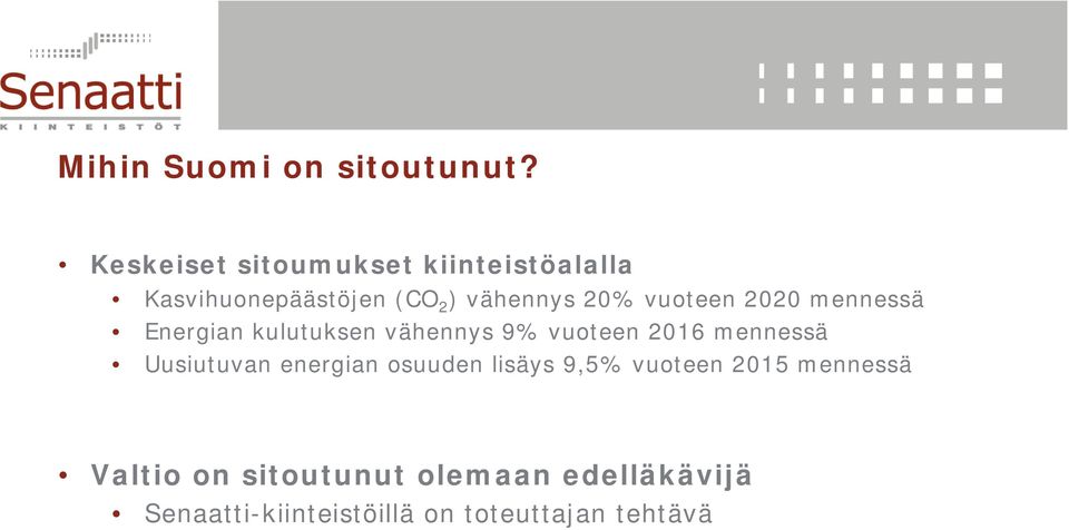 vuoteen 2020 mennessä Energian kulutuksen vähennys 9% vuoteen 2016 mennessä