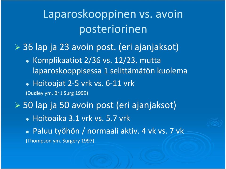 12/23, mutta laparoskooppisessa 1 selittämätön kuolema Hoitoajat 2-5 vrk vs.