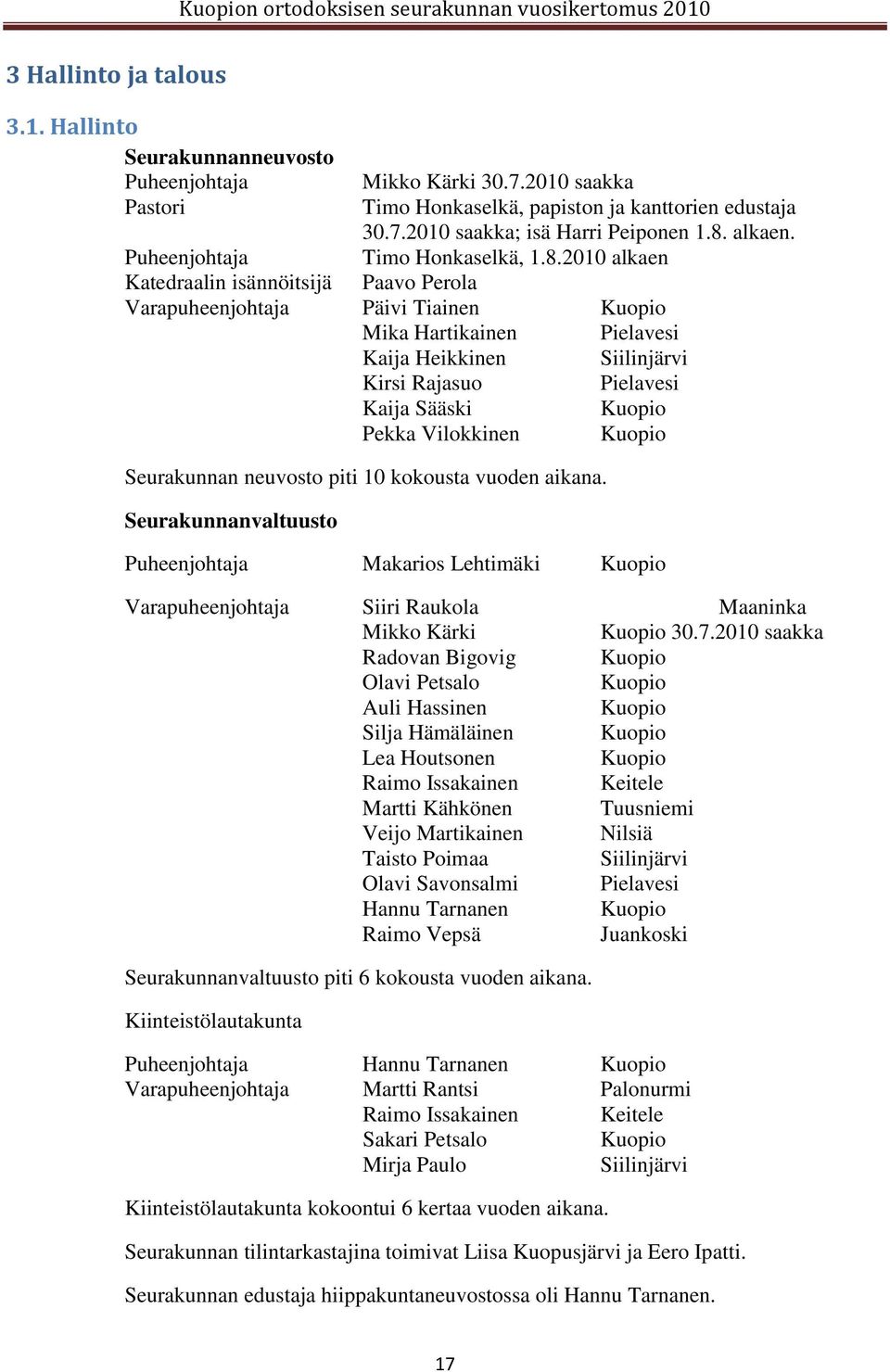 2010 alkaen Katedraalin isännöitsijä Paavo Perola Varapuheenjohtaja Päivi Tiainen Kuopio Mika Hartikainen Pielavesi Kaija Heikkinen Siilinjärvi Kirsi Rajasuo Pielavesi Kaija Sääski Kuopio Pekka
