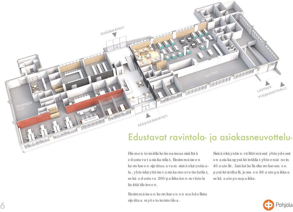 Ensimmäiseen kerrokseen sijoittuu avara sisäänkäyntiaula, yhteiskäyttöiset asiakasneuvottelutilat, sekä edustava 200-paikkainen ravintola