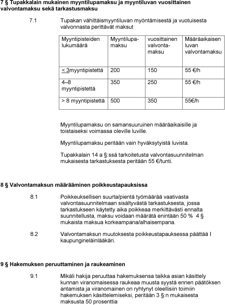 3myyntipistettä 200 150 55 /h 4 8 myyntipistettä 350 250 55 /h > 8 myyntipistettä 500 350 55/h Myyntilupamaksu on samansuuruinen määräaikaisille ja toistaiseksi voimassa oleville luville.