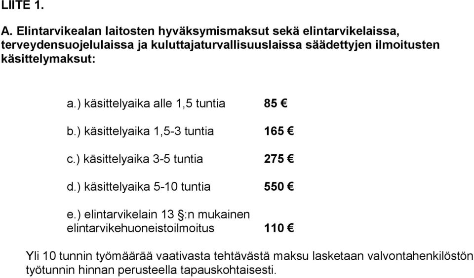 säädettyjen ilmoitusten käsittelymaksut: a.) käsittelyaika alle 1,5 tuntia 85 b.) käsittelyaika 1,5-3 tuntia 165 c.