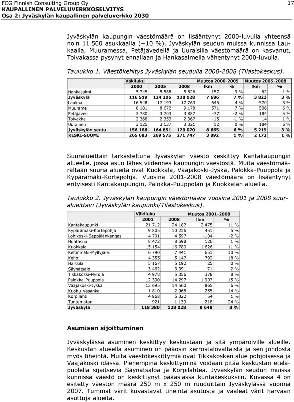 Väestökehitys Jyväskylän seudulla 2000-2008 (Tilastokeskus).