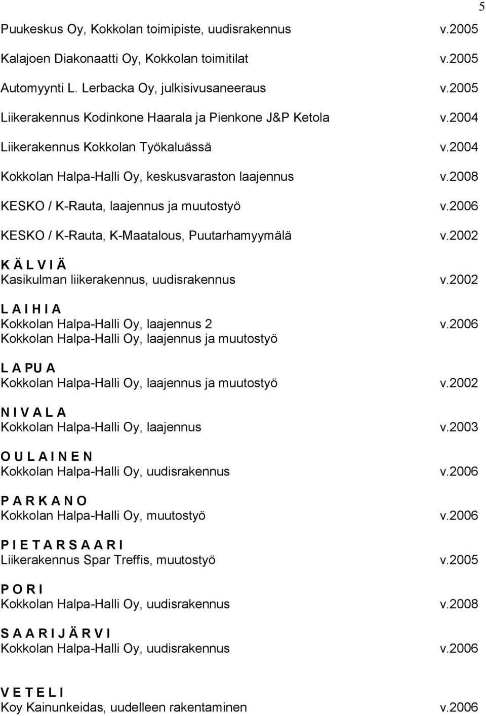 2008 KESKO / K-Rauta, laajennus ja muutostyö v.2006 KESKO / K-Rauta, K-Maatalous, Puutarhamyymälä v.2002 K Ä L V I Ä Kasikulman liikerakennus, uudisrakennus v.
