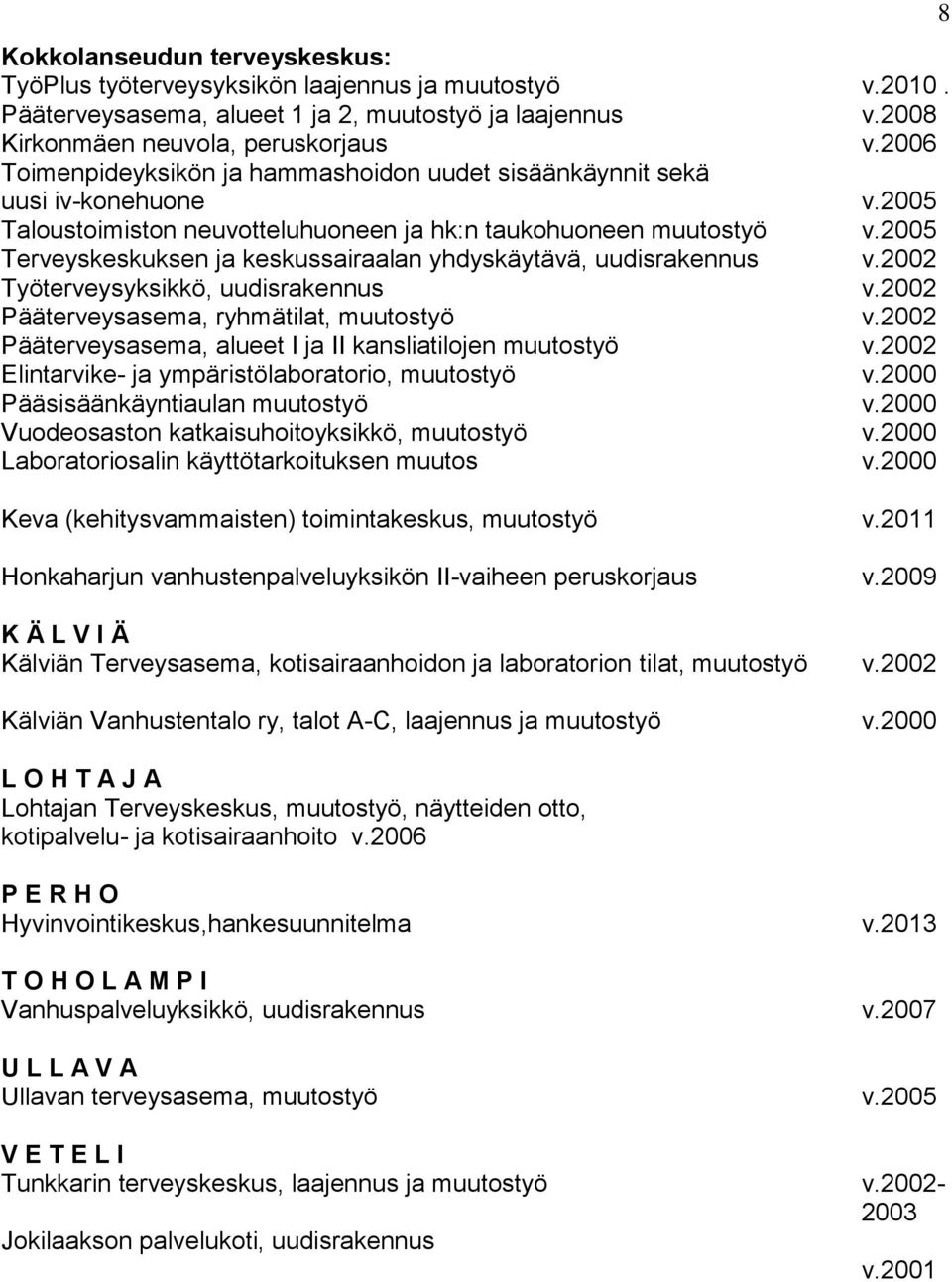 2005 Terveyskeskuksen ja keskussairaalan yhdyskäytävä, uudisrakennus v.2002 Työterveysyksikkö, uudisrakennus v.2002 Pääterveysasema, ryhmätilat, muutostyö v.