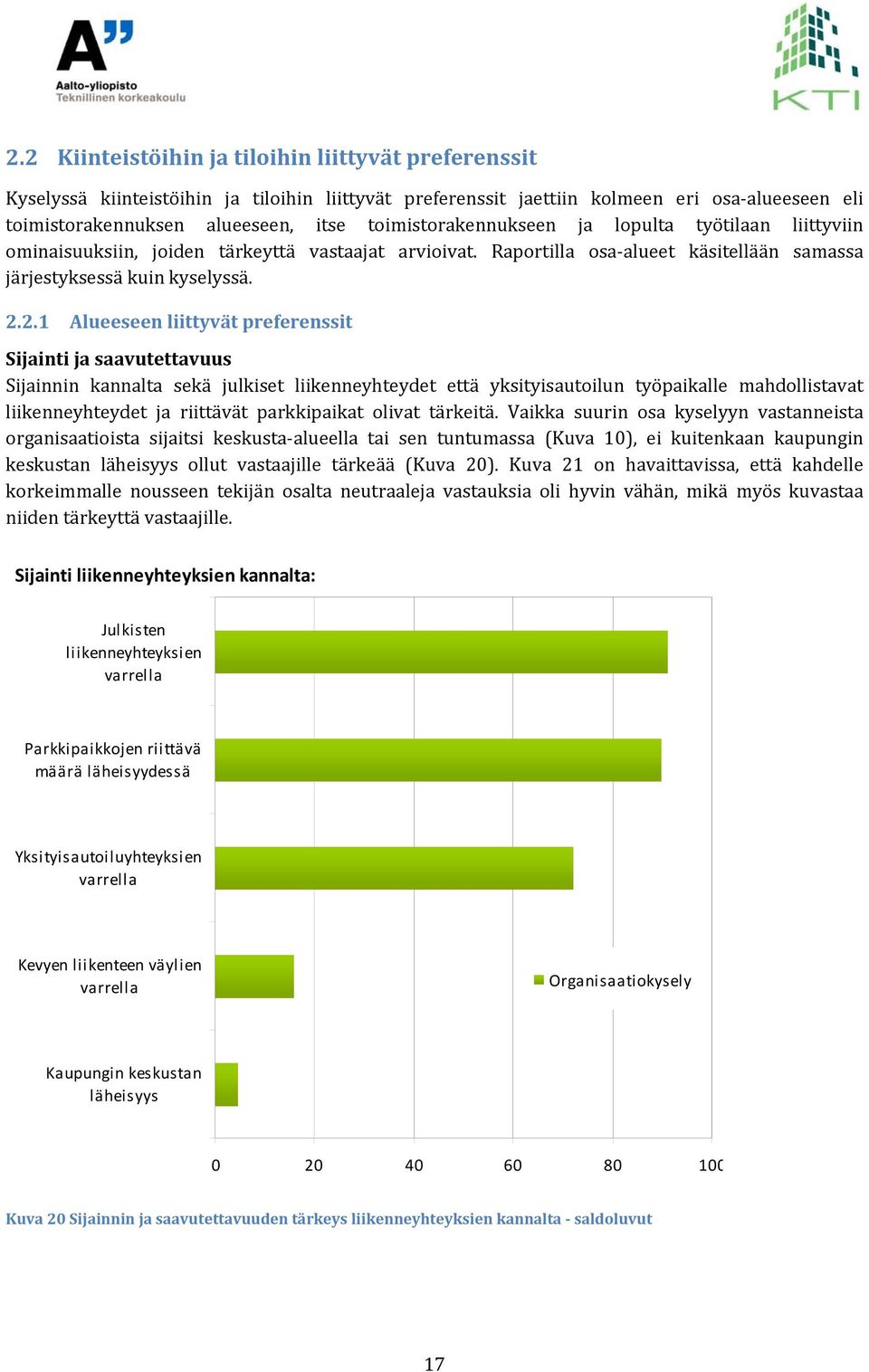2.1 Alueeseen liittyvät preferenssit Sijainti ja saavutettavuus Sijainnin kannalta sekä julkiset liikenneyhteydet että yksityisautoilun työpaikalle mahdollistavat liikenneyhteydet ja riittävät