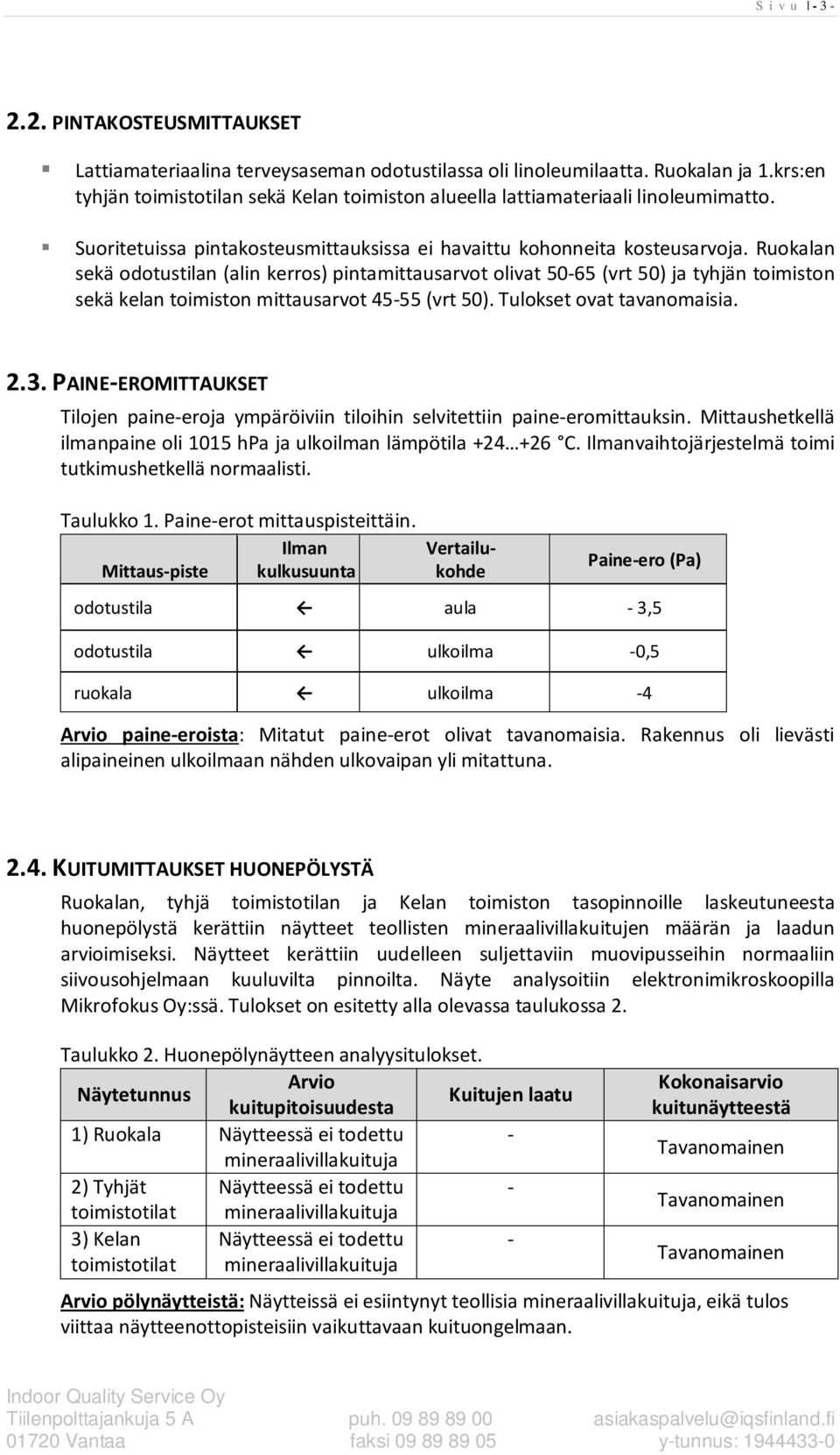 Ruokalan sekä odotustilan (alin kerros) pintamittausarvot olivat 50-65 (vrt 50) ja tyhjän toimiston sekä kelan toimiston mittausarvot 45-55 (vrt 50). Tulokset ovat tavanomaisia. 2.3.