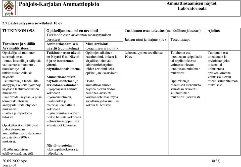 analyysilaitteita ohjeiden mukaisesti - laskea ja raportoida tulokset Opiskeltavat sisällöt ovat n Näytön antamisen edellytyksenä on, että Opiskelijan osaamisen arviointi n arvosanan määräytymisen