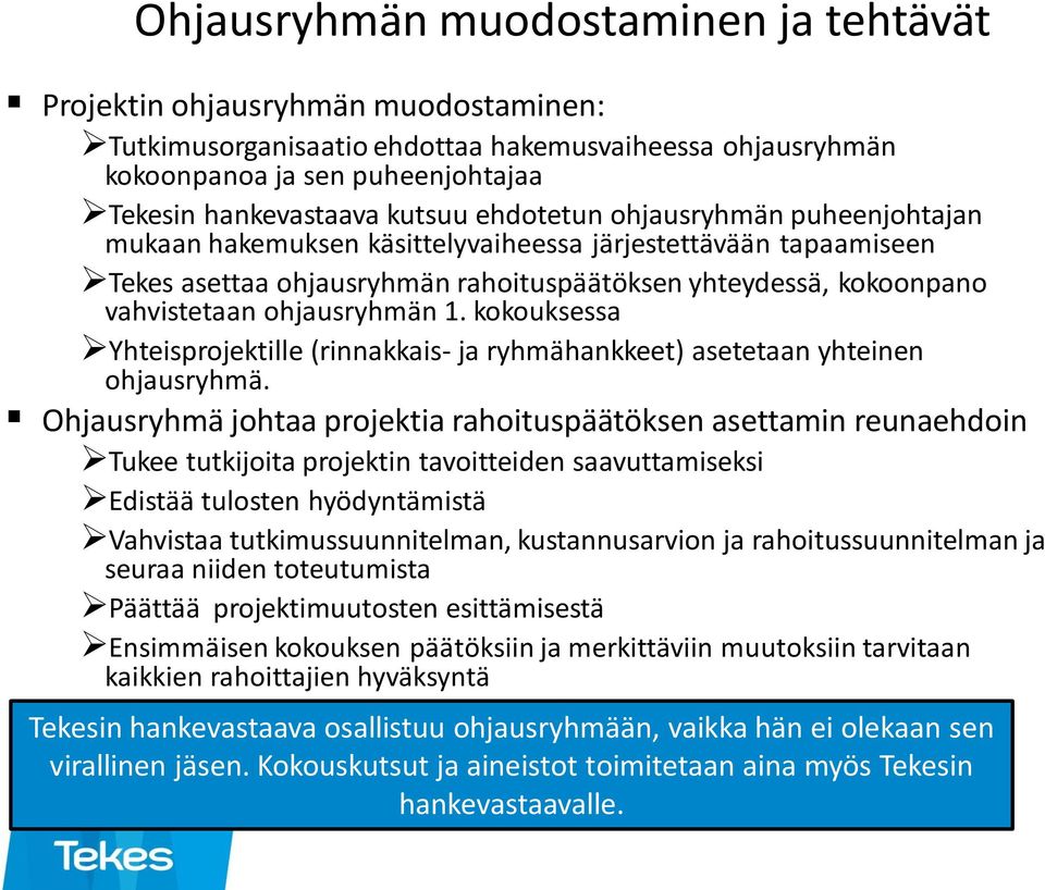 kokouksessa Yhteisprojektille (rinnakkais- ja ryhmähankkeet) asetetaan yhteinen ohjausryhmä.