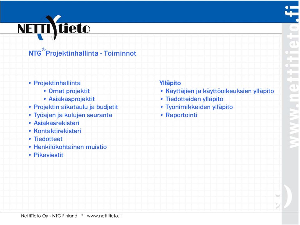 Kontaktirekisteri Tiedotteet Henkilökohtainen muistio Pikaviestit Ylläpito