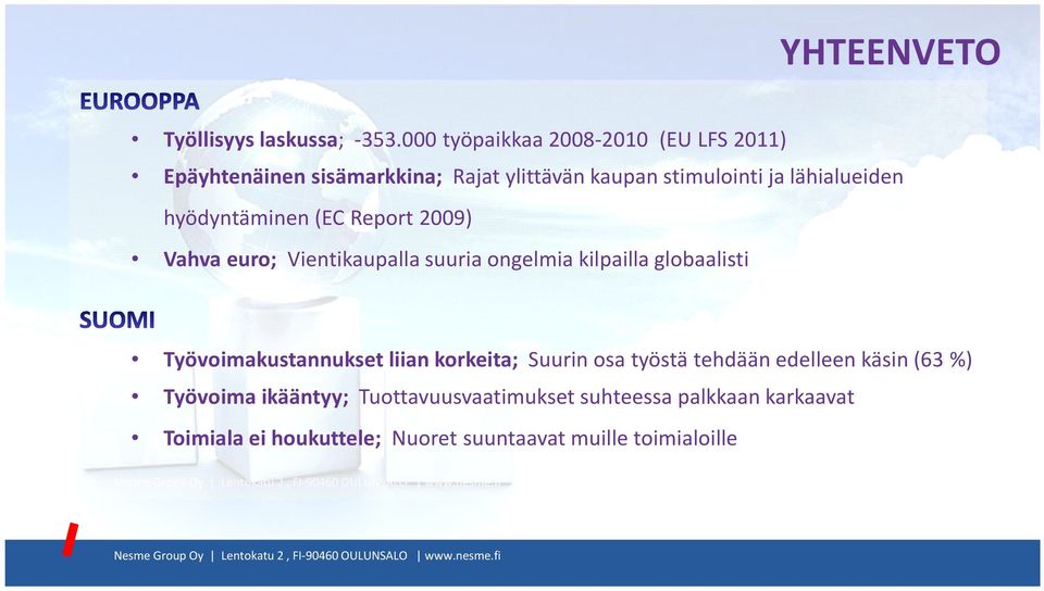 lähialueiden hyödyntäminen (EC Report 2009) Vahva euro; Vientikaupalla suuria ongelmia kilpailla globaalisti