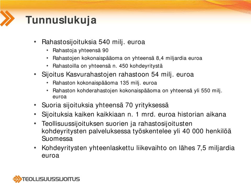 euroa Rahaston kohderahastojen kokonaispääoma on yhteensä yli 550 milj. euroa Suoria sijoituksia yhteensä 70 yrityksessä Sijoituksia kaiken kaikkiaan n. 1 mrd.