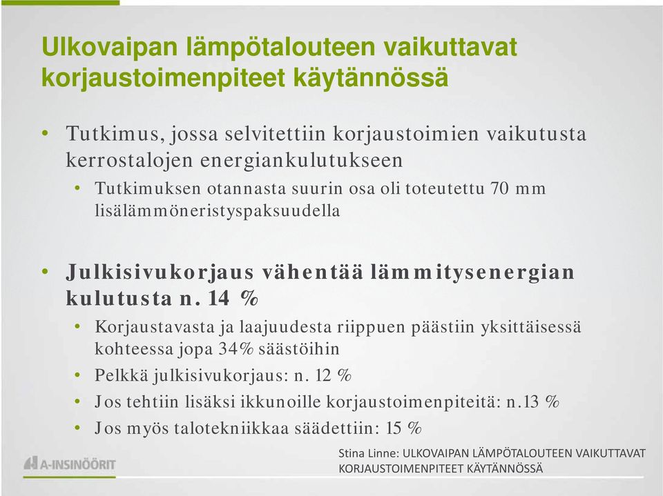 kulutusta n. 14 % Korjaustavasta ja laajuudesta riippuen päästiin yksittäisessä kohteessa jopa 34% säästöihin Pelkkä julkisivukorjaus: n.